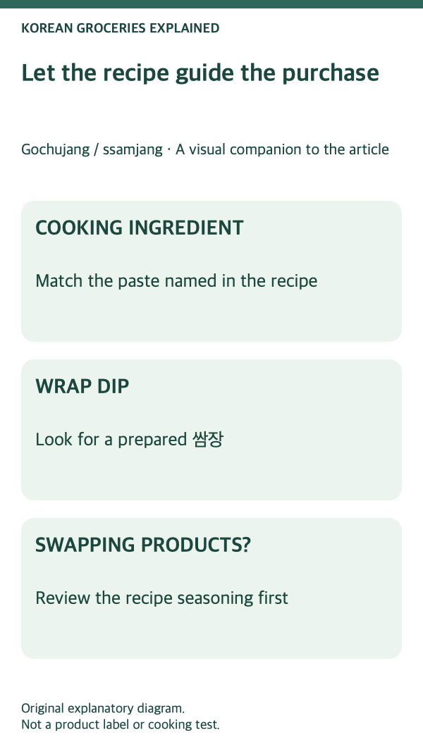 Gochujang and ssamjang: recipe-first selection steps.