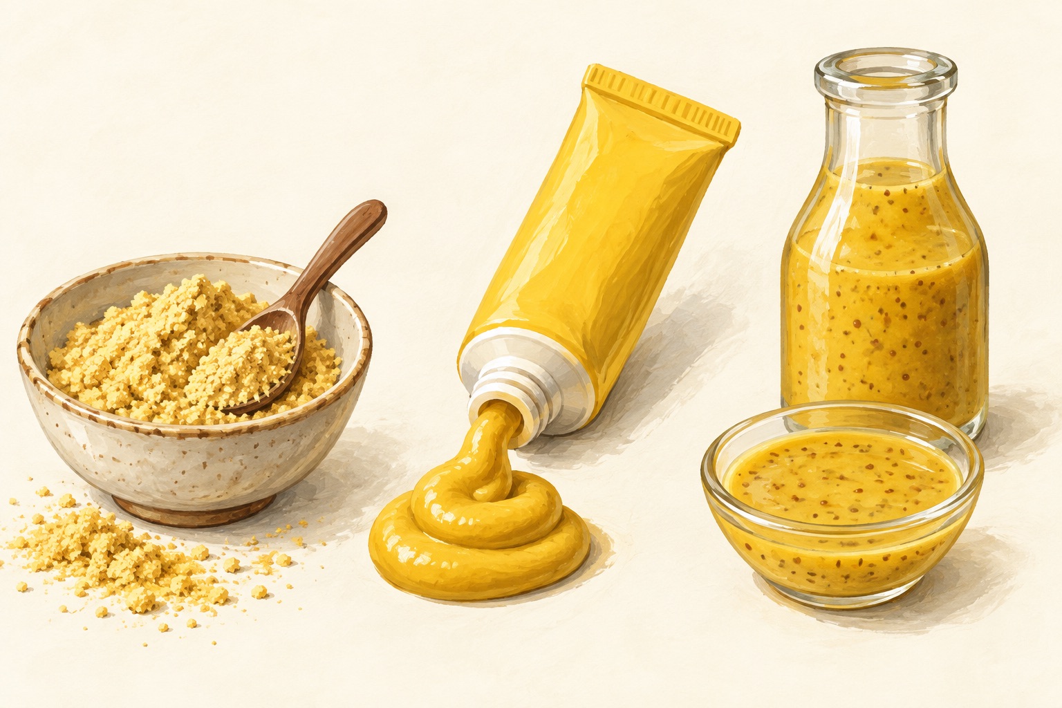 Illustration comparing dry mustard powder, a tube of prepared paste and a bowl of mixed mustard sauce