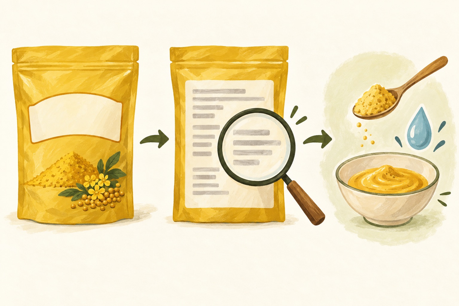 Illustration of checking a generic pack's front name, ingredient panel and preparation directions