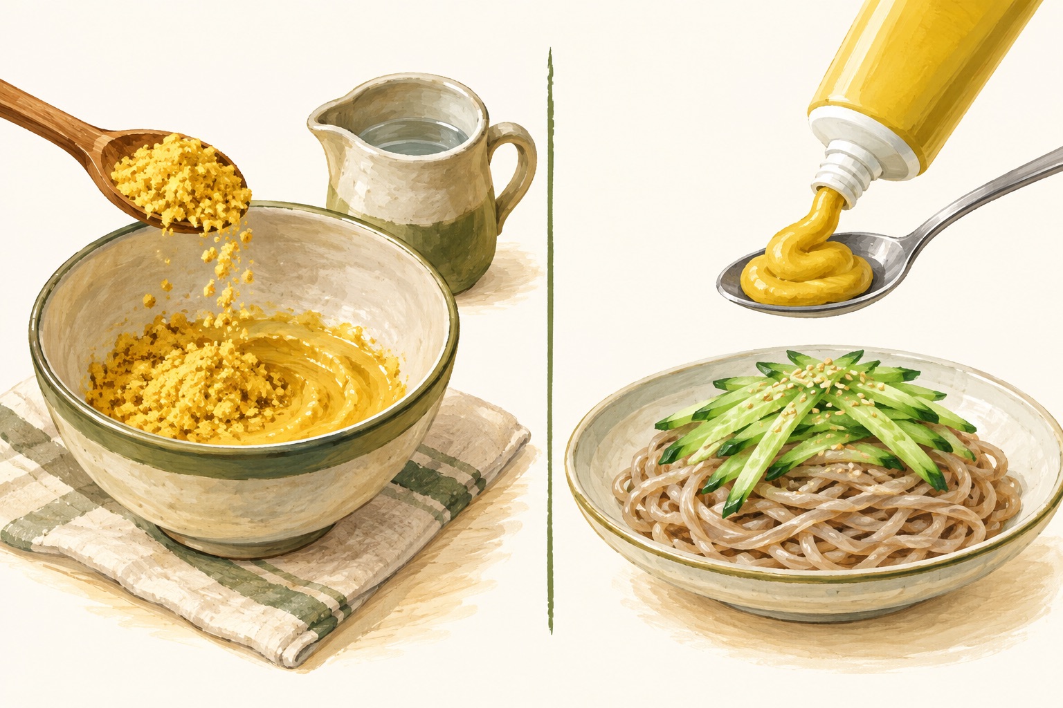 Illustration contrasting mixing mustard powder in a bowl with portioning prepared paste beside cold noodles