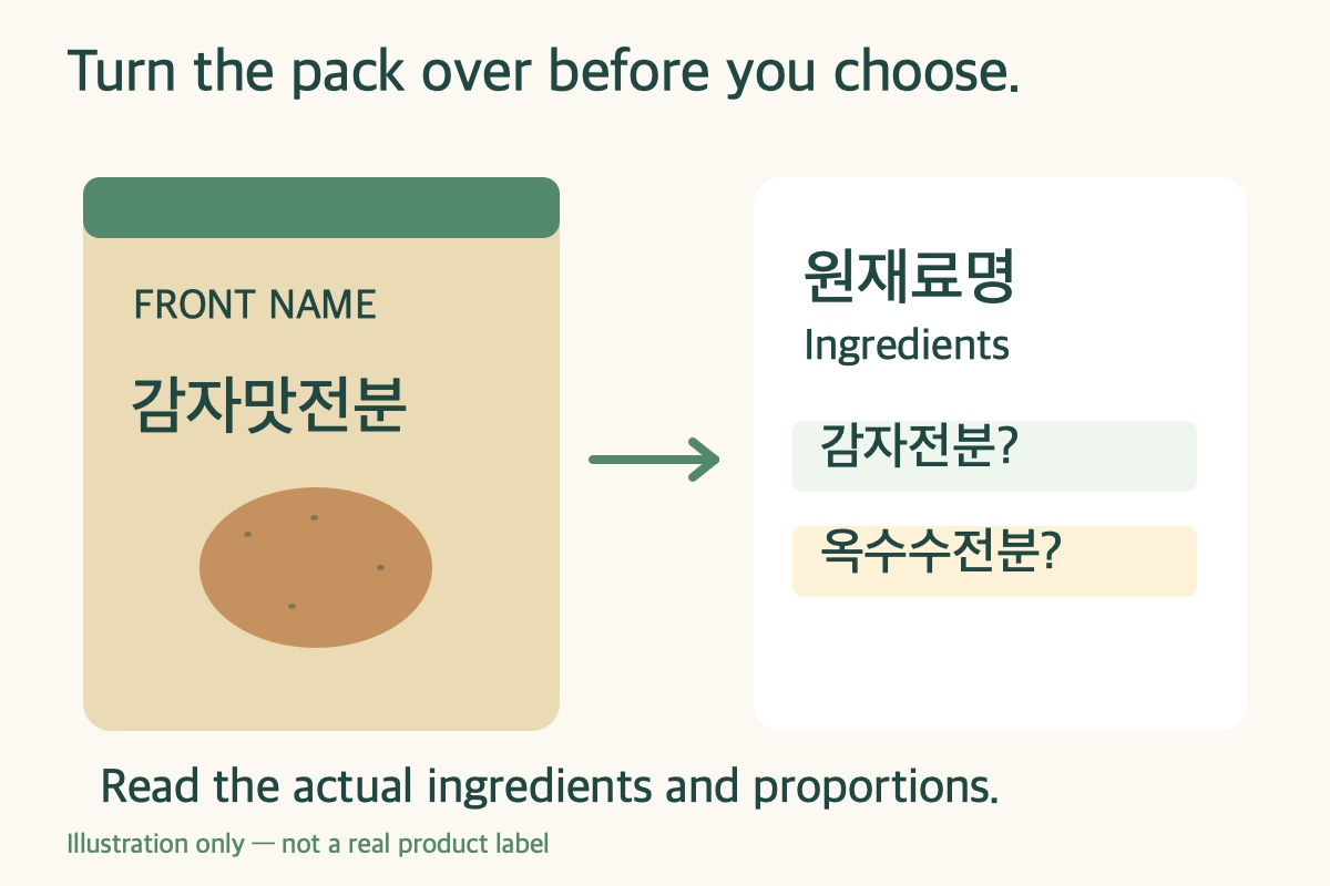 Illustrated front name and ingredients panel showing the Korean words 원재료명, 감자전분 and 옥수수전분 to check.
